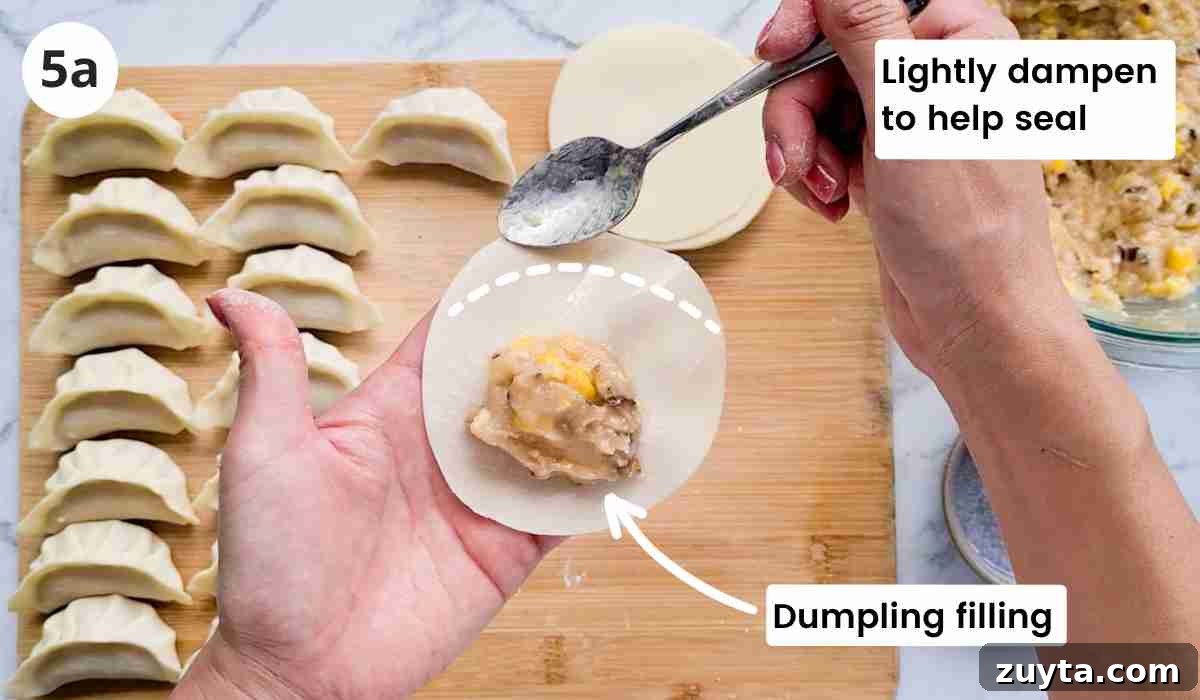 How to Make Authentic Chinese Chicken Dumplings 8 Dumpling wrapper being dampened by water with caption