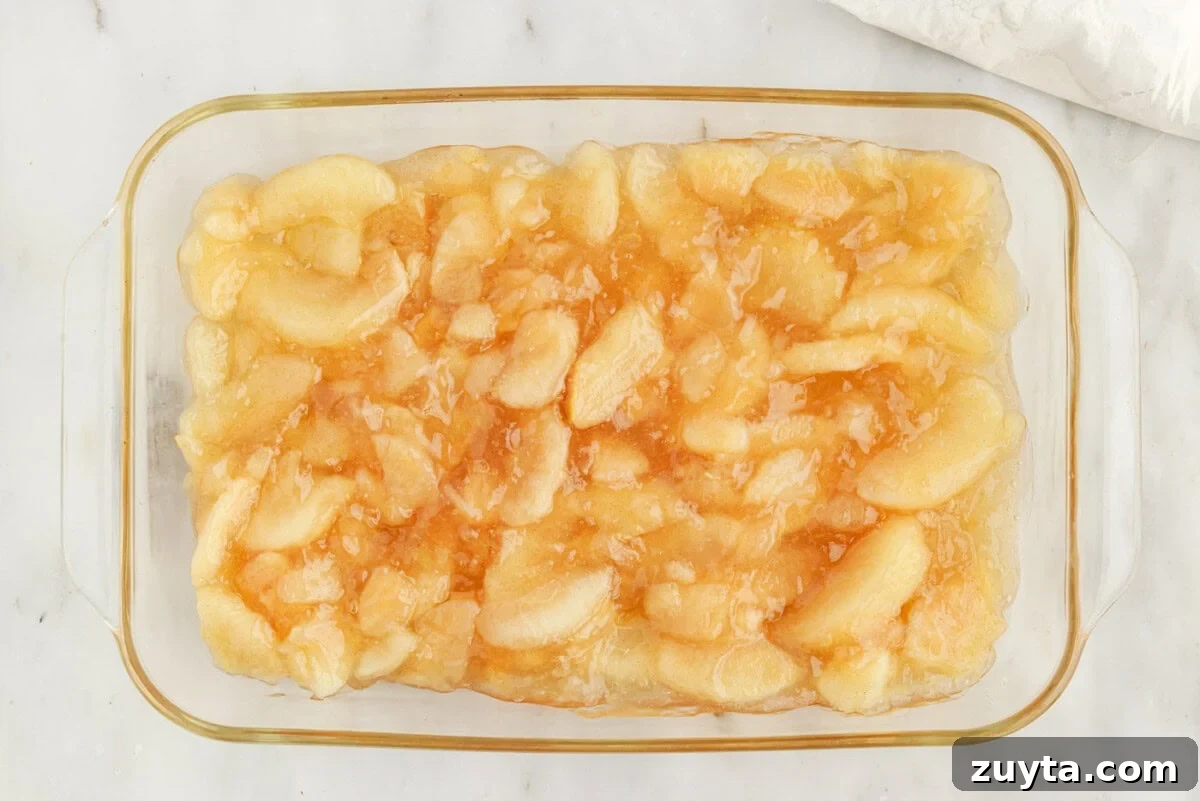 Classic Apple Dump Cake Recipe with Cinnamon 5 apple pie filling in a glass baking dish