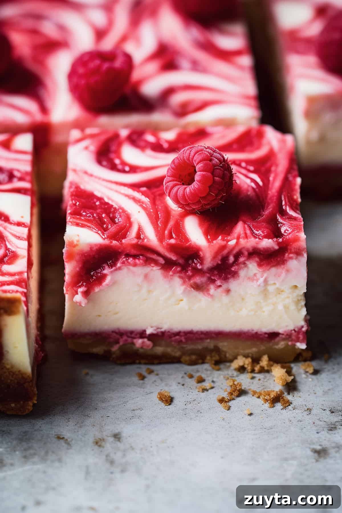 Creamy White Chocolate Raspberry Cheesecake Bars Recipe 2 Raspberry cheesecake bars on a baking tray.