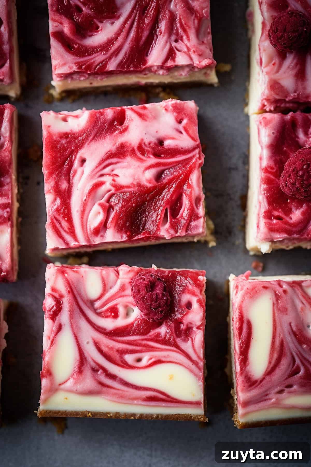 Creamy White Chocolate Raspberry Cheesecake Bars Recipe 8 Raspberry cheesecake bars on a baking tray.