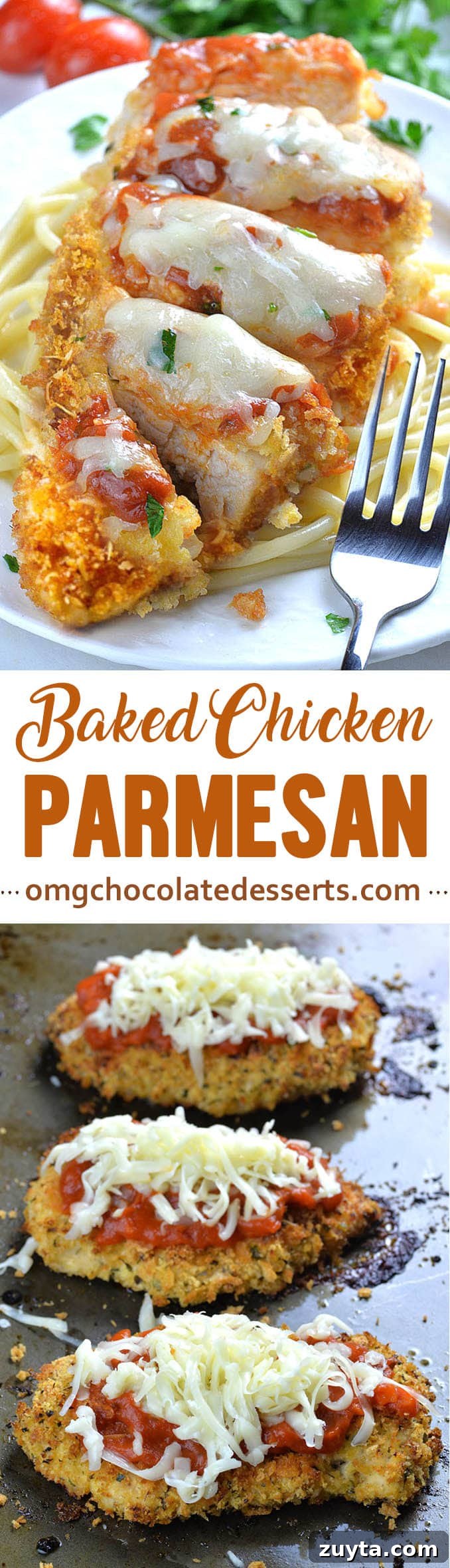 Crispy Baked Chicken Parmesan Recipe with Marinara 8 Crispy breaded, Chicken Parmesan, topped with marinara sauce and mozzarella cheese, served with pasta is perfect meal for your family.
