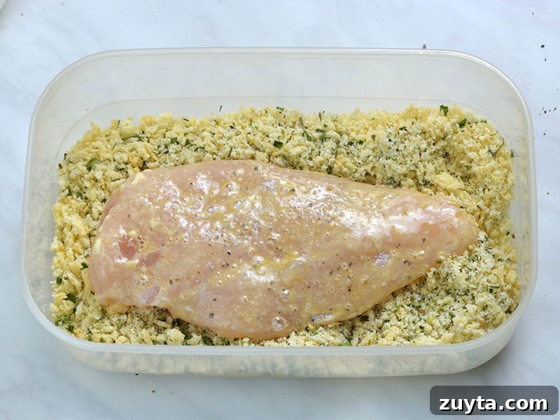 Crispy Baked Chicken Parmesan Recipe with Marinara 5 Finally, chicken dipped in bread crumbs to coat well and transfer to a baking sheet.