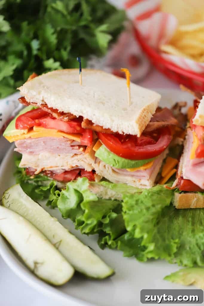 How to Make a Classic Turkey Club Sandwich 3 A turkey club sandwich on a plate with toothpicks stuck in the middle.