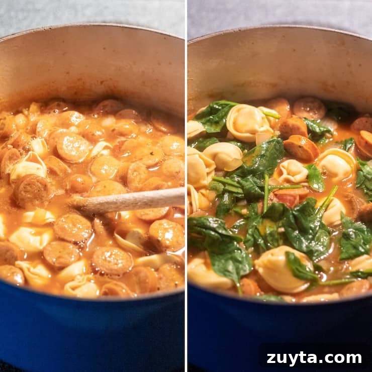 Creamy Cajun Tortellini Soup Recipe 7 Two photo collage, adding tortellini and spinach.