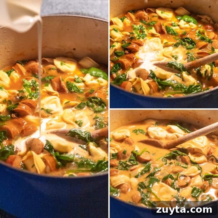 Creamy Cajun Tortellini Soup Recipe 8 Photo process collage, finishing soup off with cream and parsley.