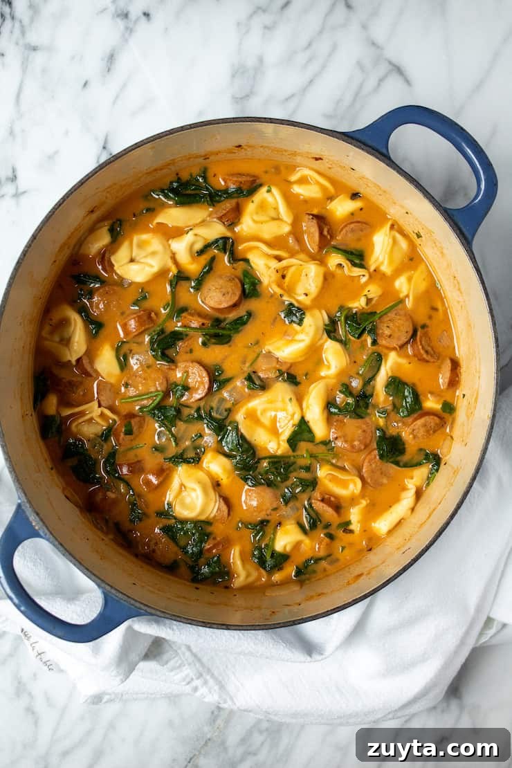 Creamy Cajun Tortellini Soup Recipe 9 Creamy Cajun tortellini soup in pot.