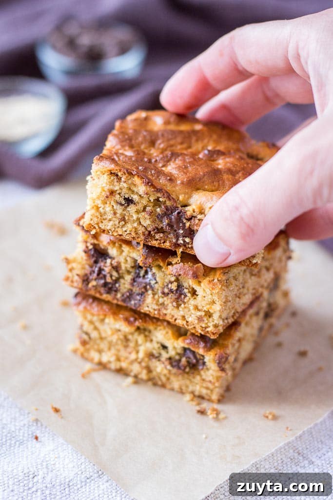 Chewy Peanut Butter Chocolate Chip Blondies Recipe 4 Flourless Peanut Butter Blondies with Chocolate Chips and maca powder
