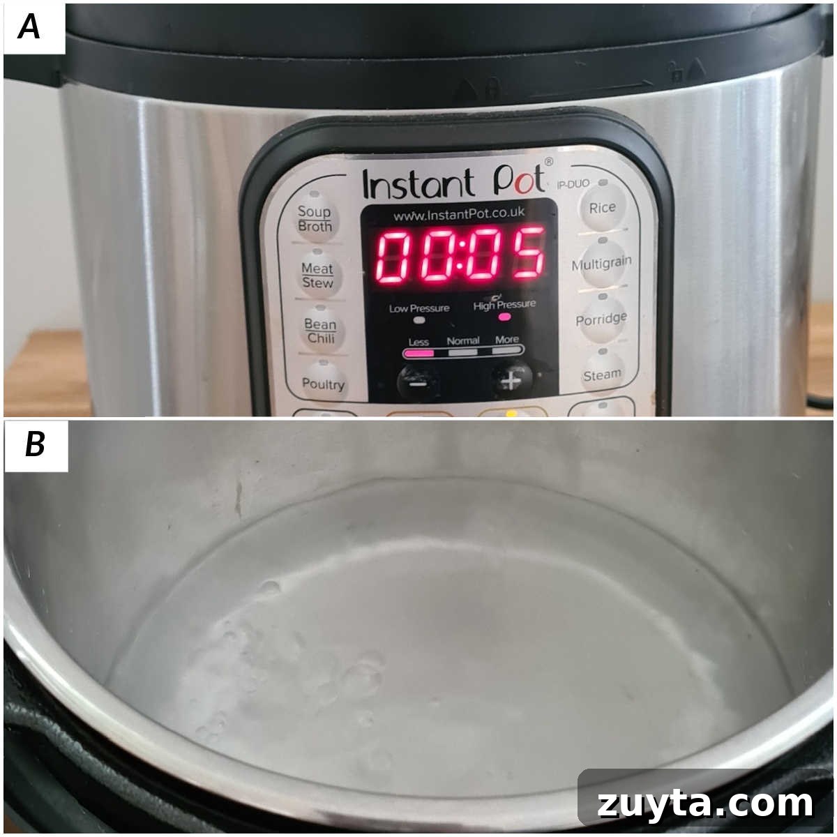 image collage showing the steps for how to boil water in instant pot using high pressure