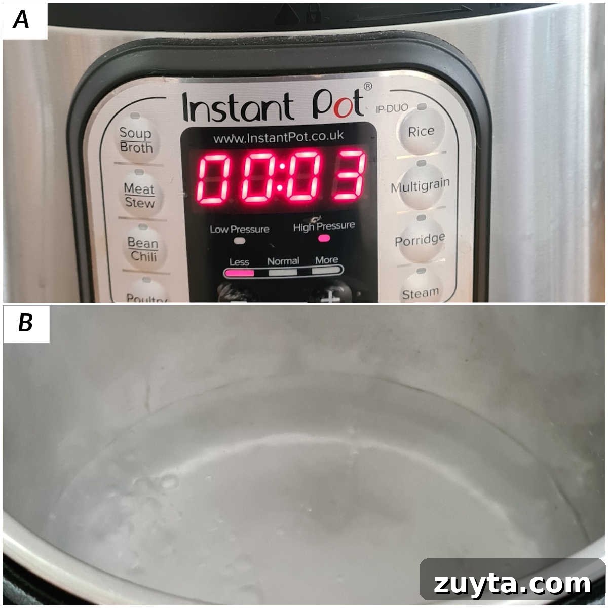 image collage showing the steps for how to boil water in instant pot using saute mode